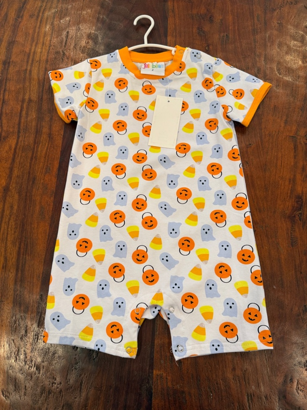 Kids Halloween Candy Corn & Ghost Short One-Piece Romper - Orange Accent